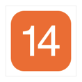 A white number fourteen, inside an orange-filled square with rounded corners.
