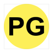 The phrase P G in black, inside a yellow-filled circle.