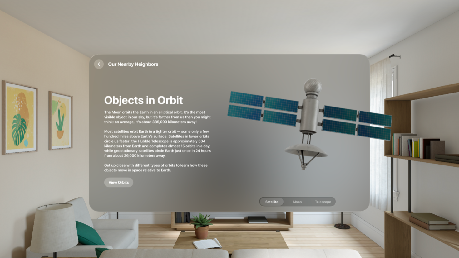 A screenshot of a window for an app in visionOS. The window includes text that discusses objects in orbit, and it includes buttons for viewing a satellite, the moon, and a telescope. The satellite button is selected and a 3D satellite is displayed.