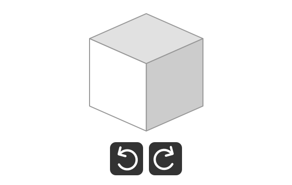An illustration showing a cube. Below the cube are two buttons, each with a circular arrow pointing in the opposite direction, offering indirect ways to rotate the cube.