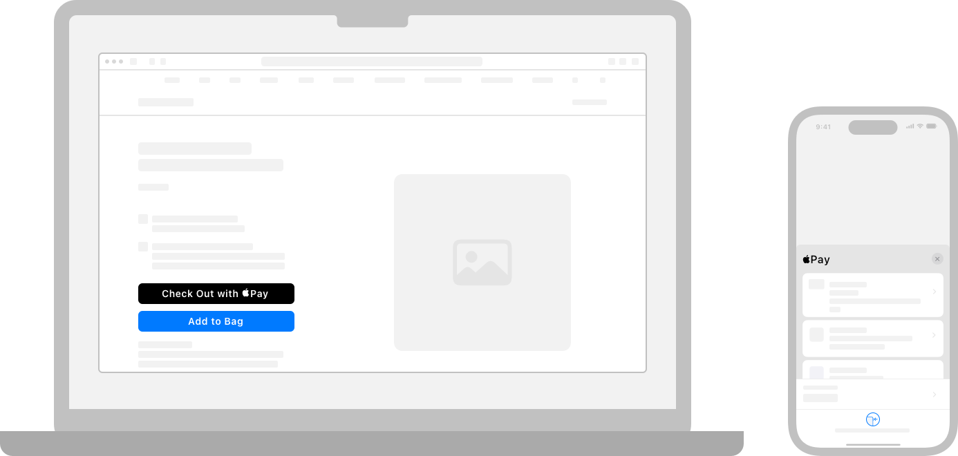 An illustration of a MacBook Pro on the left and an iPhone on the right. The MacBook Pro displays a Safari window that shows an online store with Apple Pay buttons for checking out and adding to a bag. The iPhone displays an Apple Pay payment sheet.