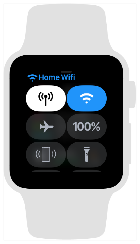 Screenshot showing the Apple Watch control center when the watch is connected to a known WiFi network.
