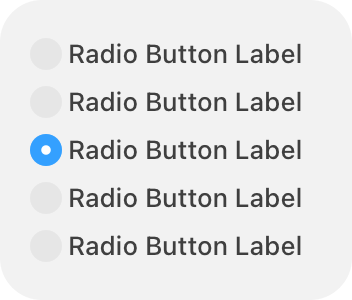 An illustration that shows five items in a column, each with a radio button preceding the text Radio Button Label. The radio button for the third item is filled, indicating that it's selected.
