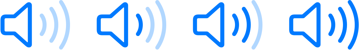A diagram showing four versions of the speaker wave three symbol, each of which displays color in a different number of wave paths. From the left, the number of waves with color is zero, one, two, and three.