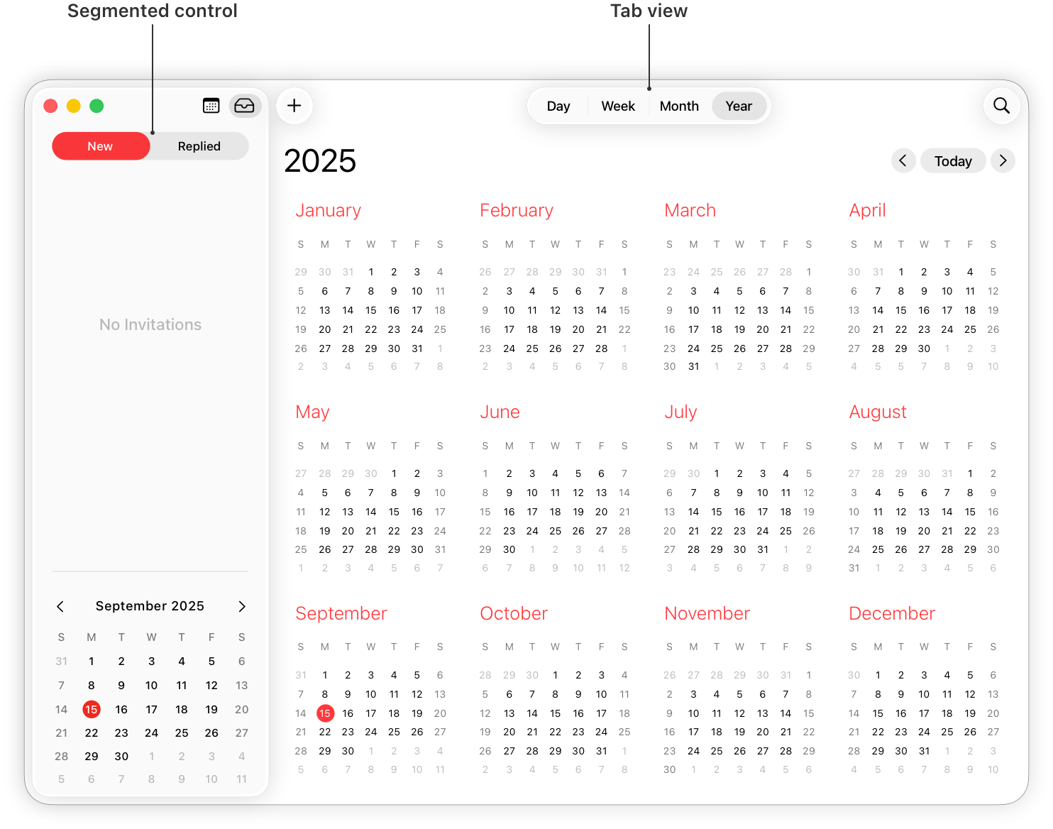 A screenshot of the macOS Calendar app. The main window area shows a tab view that contains four tabs: Day, Week, Month, and Year. The sidebar shows a segmented control that contains two segments: New and Replied.