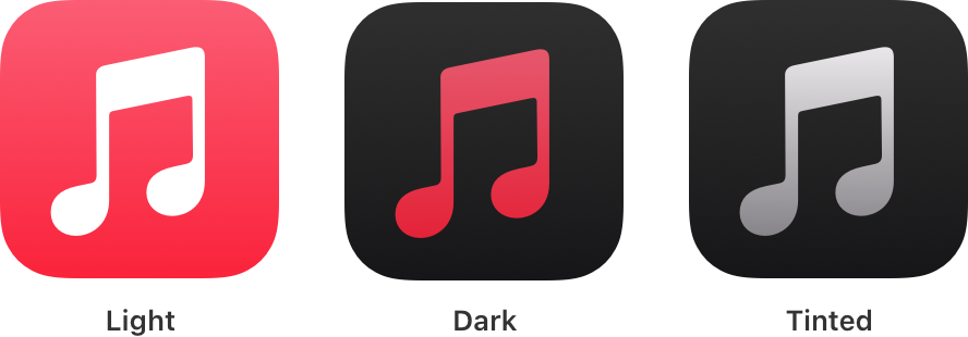 “音乐” App 图标三个版本的插图：浅色、深色和着色。浅色版本显示两个白色音符位于红色渐变背景上。深色版本显示两个红色音符位于深色渐变背景上。着色版本显示两个灰度音符位于深色渐变背景上。