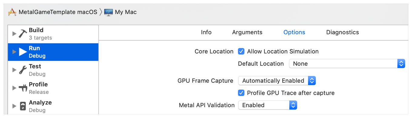 An Xcode screenshot that shows the scheme editor, scheme actions, scheme options, and Metal tools.