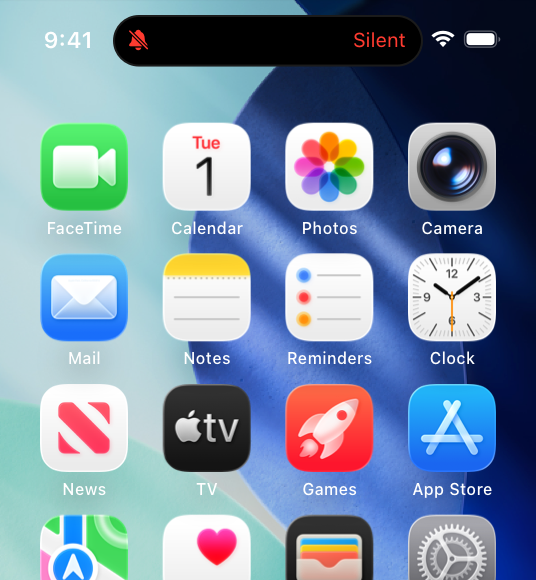 A partial screenshot that displays the Dynamic Island at the top of the Home Screen on iPhone, showing that the Silent mode control is active with a red tinted symbol of a bell with a line drawn through it in the leading area and red tinted text that says Silent in the trailing area.