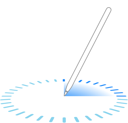 An illustration of Apple Pencil balancing on its tip at the center of a circle that has degree marks around its circumference. A line from the center of the circle to one of the degree marks indicates the angle at which Apple Pencil is tilted.
