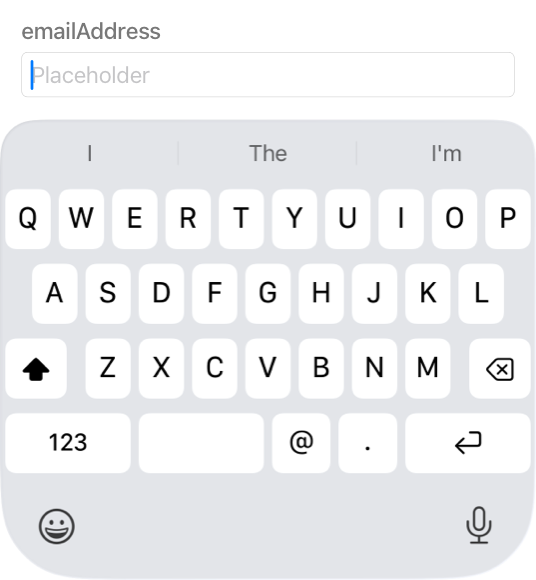 A partial screenshot of a keyboard on iPhone that displays all 26 letter keys in addition to the Shift, Delete, Numbers, Space, period, at symbol, and Return keys. Typing suggestions appear above the keyboard and the Emoji button appears below it.