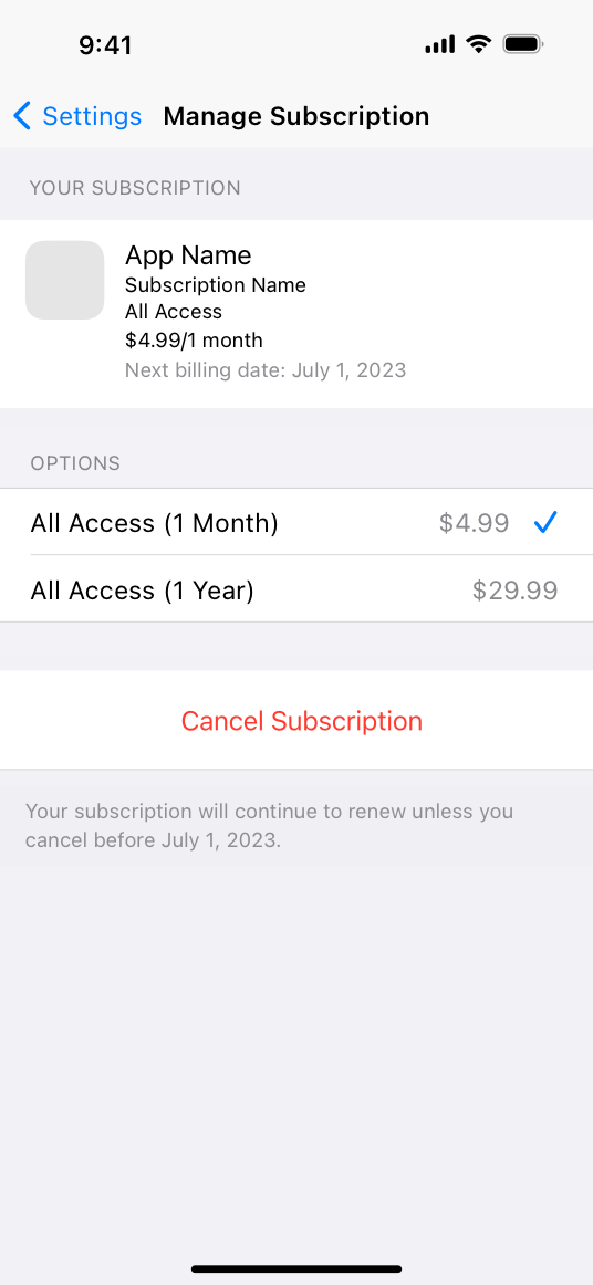 A screenshot of an app’s subscription management screen on iPhone. It includes the app name, subscription level, price, and next billing date, above a list of subscription options and a Cancel Subscription button.