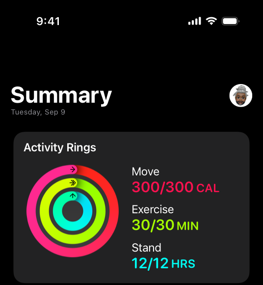 A screenshot of the Activity summary in the iOS Fitness app with Apple Watch paired. All three Activity rings are displayed.
