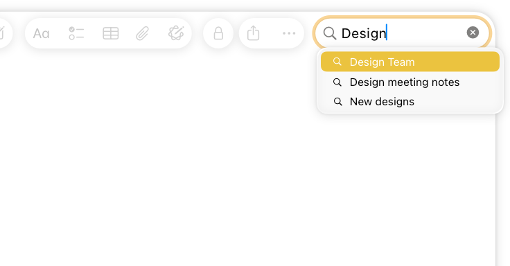 An illustration of a Mac screen with a search field on the trailing edge of the toolbar. The search field has the word Design entered into the field, and three search suggestions appear in a list beneath the field. The toolbar also includes an Inspector button, a group with New Folder and Favorite buttons, and a Share button next to the search field.