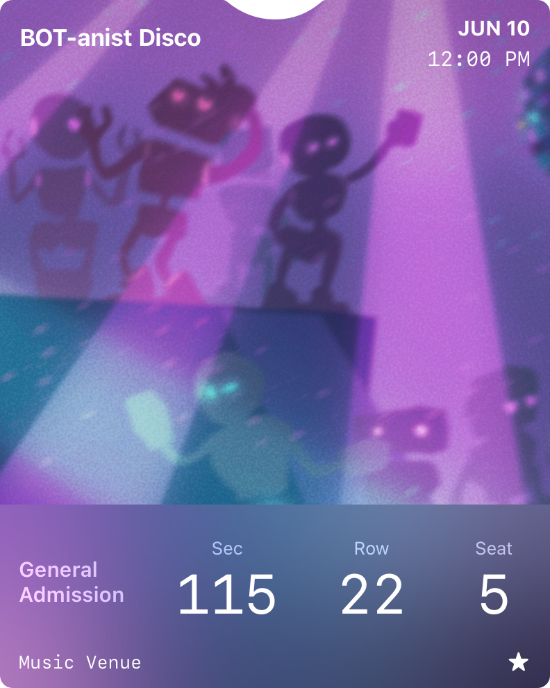 An illustration of a poster event ticket with good contrast between the background image and ticket information.