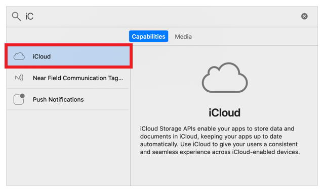 Screenshot showing the Add Capability editor with a search bar at the top, and a list of capabilities below.