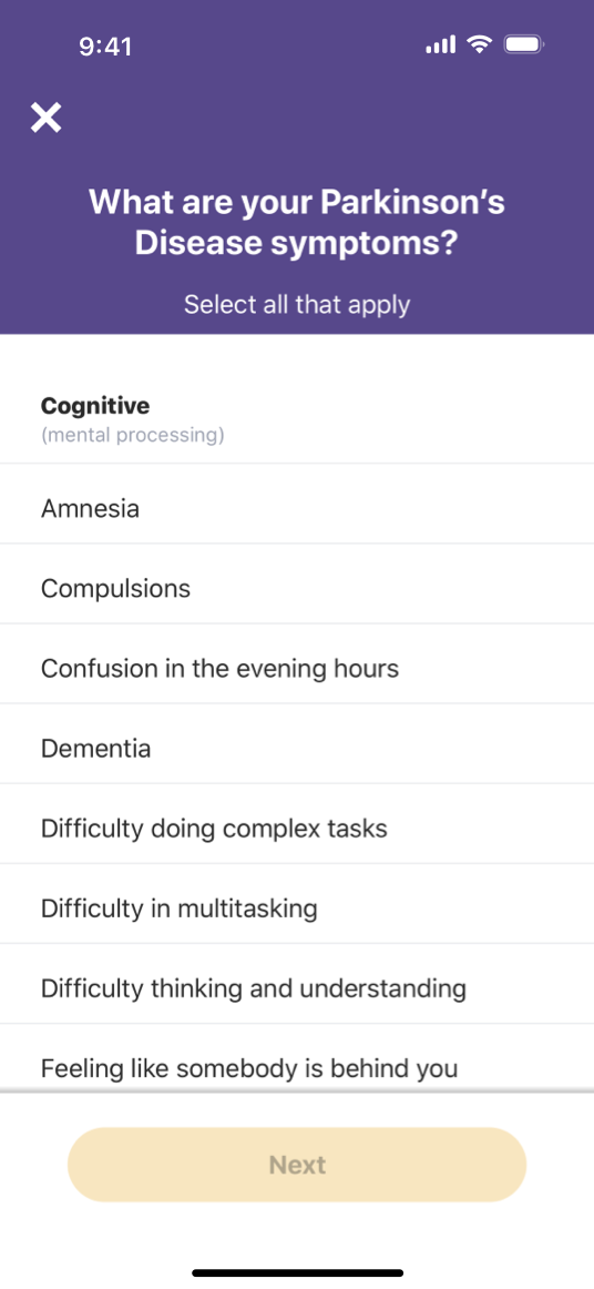 A screenshot that shows a ResearchKit app's survey screen on iPhone. This particular screen asks someone to specify Parkinson's disease symptoms from a list and tap a 'Next' button to continue the survey. The top of the screen includes a 'Close' button.