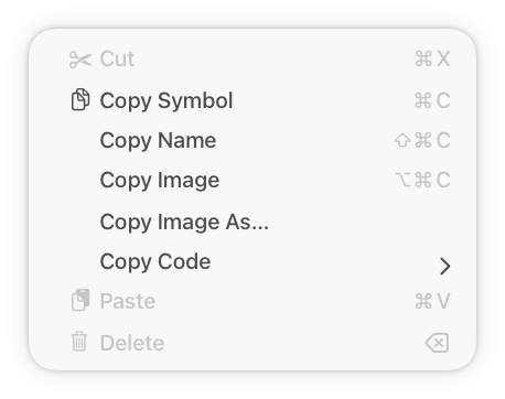 An illustration of an Edit menu that includes several similar Copy actions. The first is represented by the Copy symbol, and the others with no symbol.