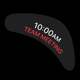 An image of the corner accessory Calendar widget. It displays the time and title of an upcoming meeting.