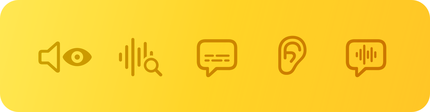 An illustration containing five symbols associated with the topic of hearing, including symbols representing sound, waveforms, and closed captioning.