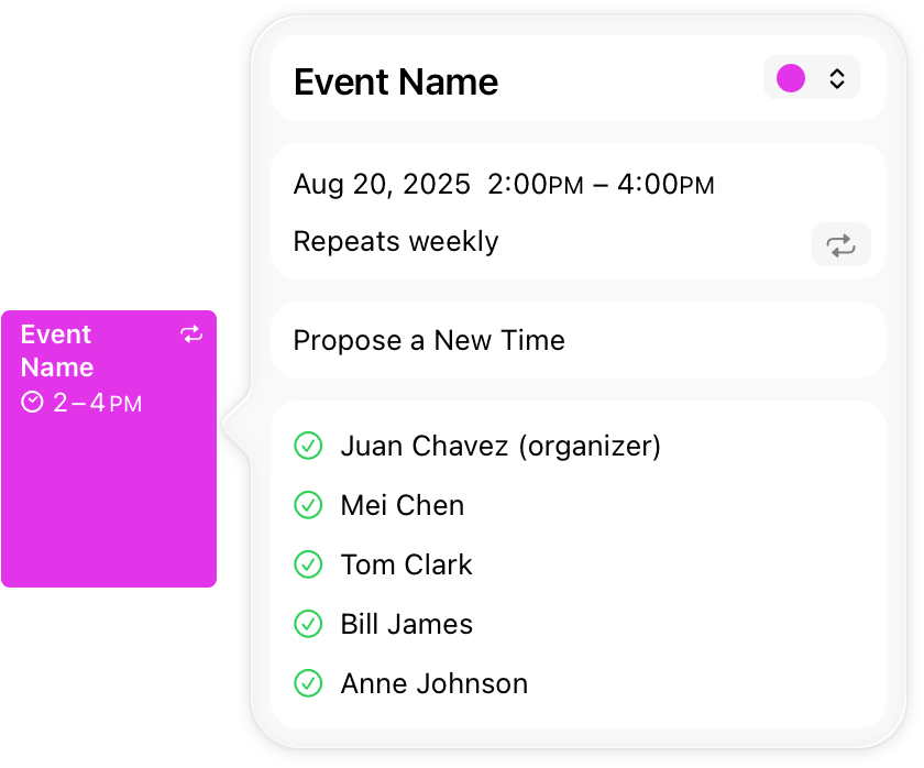 An illustration of an event in Calendar with the attached version of the event's popover next to and pointing to it.