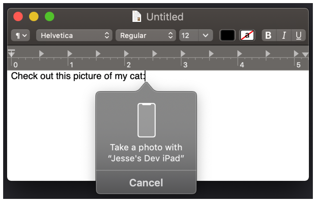 Screenshot showing a text view in which the user has control-clicked to display the Continuity Camera dialog for taking a photo on an iOS device. The dialog shows the name of the iOS device where the photo will be taken and a cancel button to allow the user to dismiss the dialog without actually taking a photo.