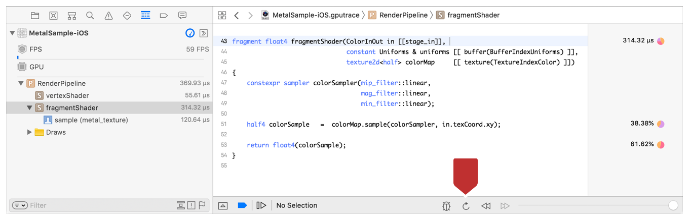 Screenshot annotating the Update Shaders button. It's in the bottom-middle of the shader source in the center pane.