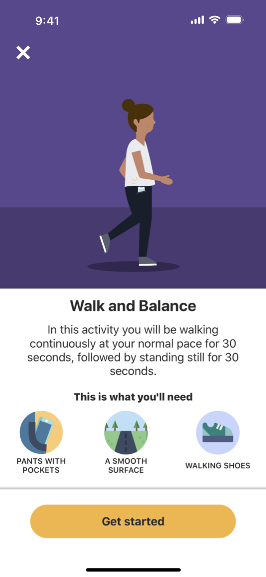 A screenshot that shows a ResearchKit app's active task screen on iPhone. This particular screen shows an illustration of a person walking, and instructions that explain how to perform a Walk and Balance active task. A list of requirements is shown, along with a 'Get started' button. The top of the screen includes a 'Close' button.