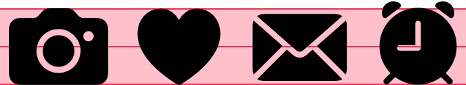 Diagram of four glyphs in a row. From the left, the glyphs are a camera, a heart, an envelope, and an alarm clock. Two horizontal dashed lines show the bottom and top boundaries of the row and a horizontal red line shows the midpoint. All four glyphs are solid black; some include interior detail lines in white. Parts of the alarm clock extend above the top dashed line because its lighter visual weight requires greater height to achieve balance with the other glyphs.
