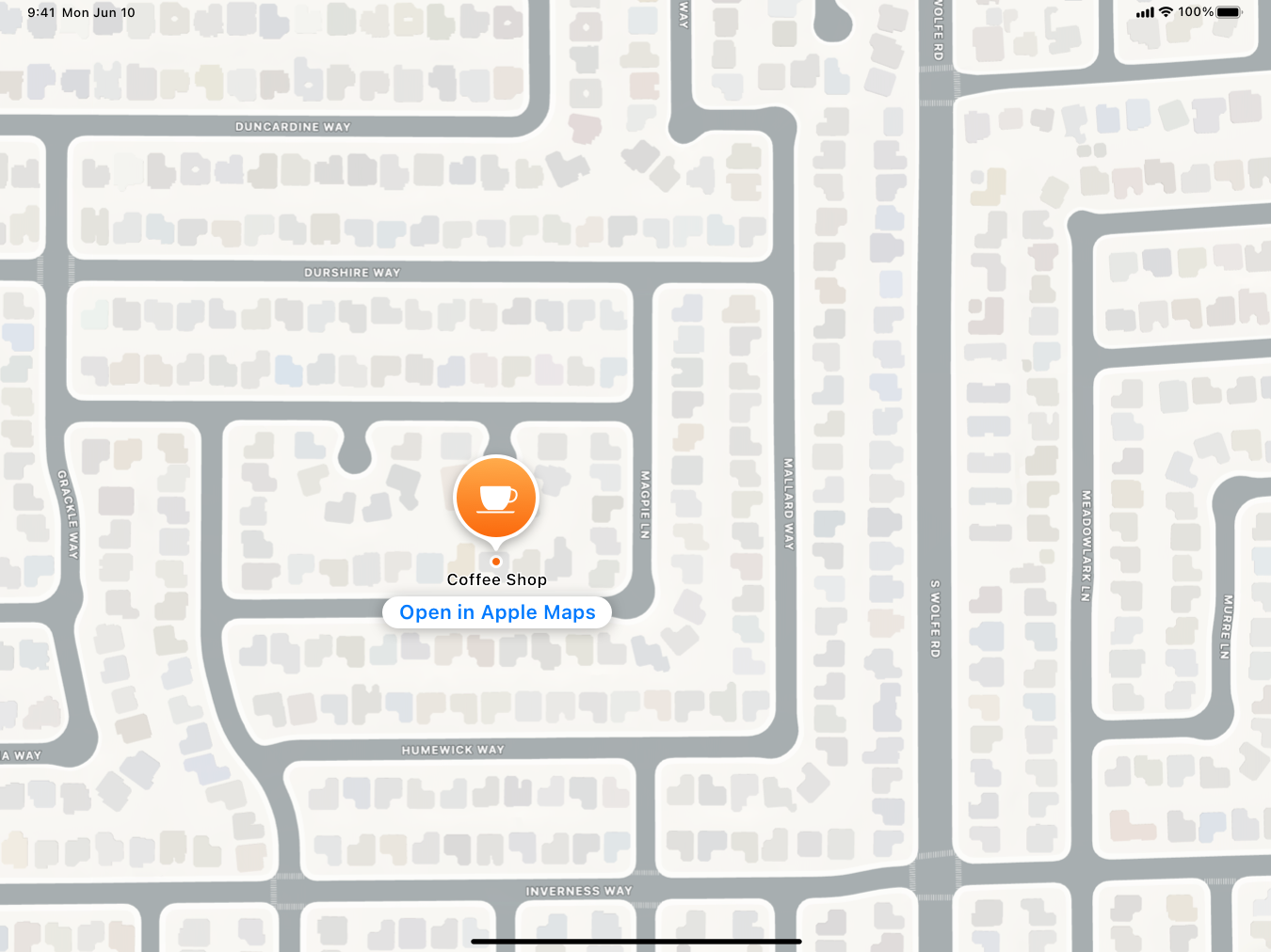 A screenshot of the caption style place card in a map on iPad. The place card contains an 'Open in Apple Maps' link.