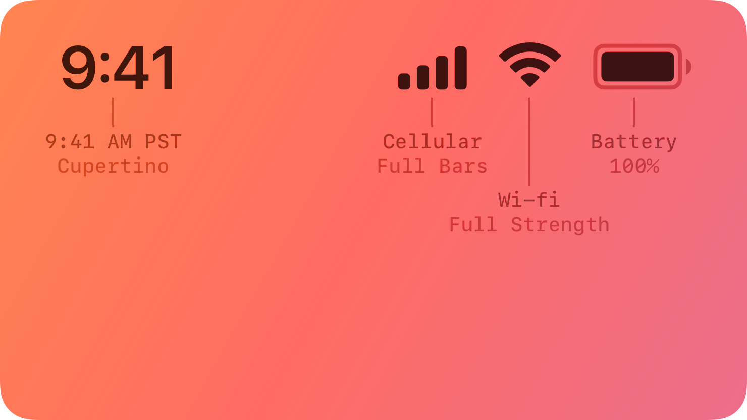 A stylized representation of an iPhone status bar with labels showing the time and cellular, Wi-Fi, and battery levels. The image is tinted red to subtly reflect the red in the original six-color Apple logo.