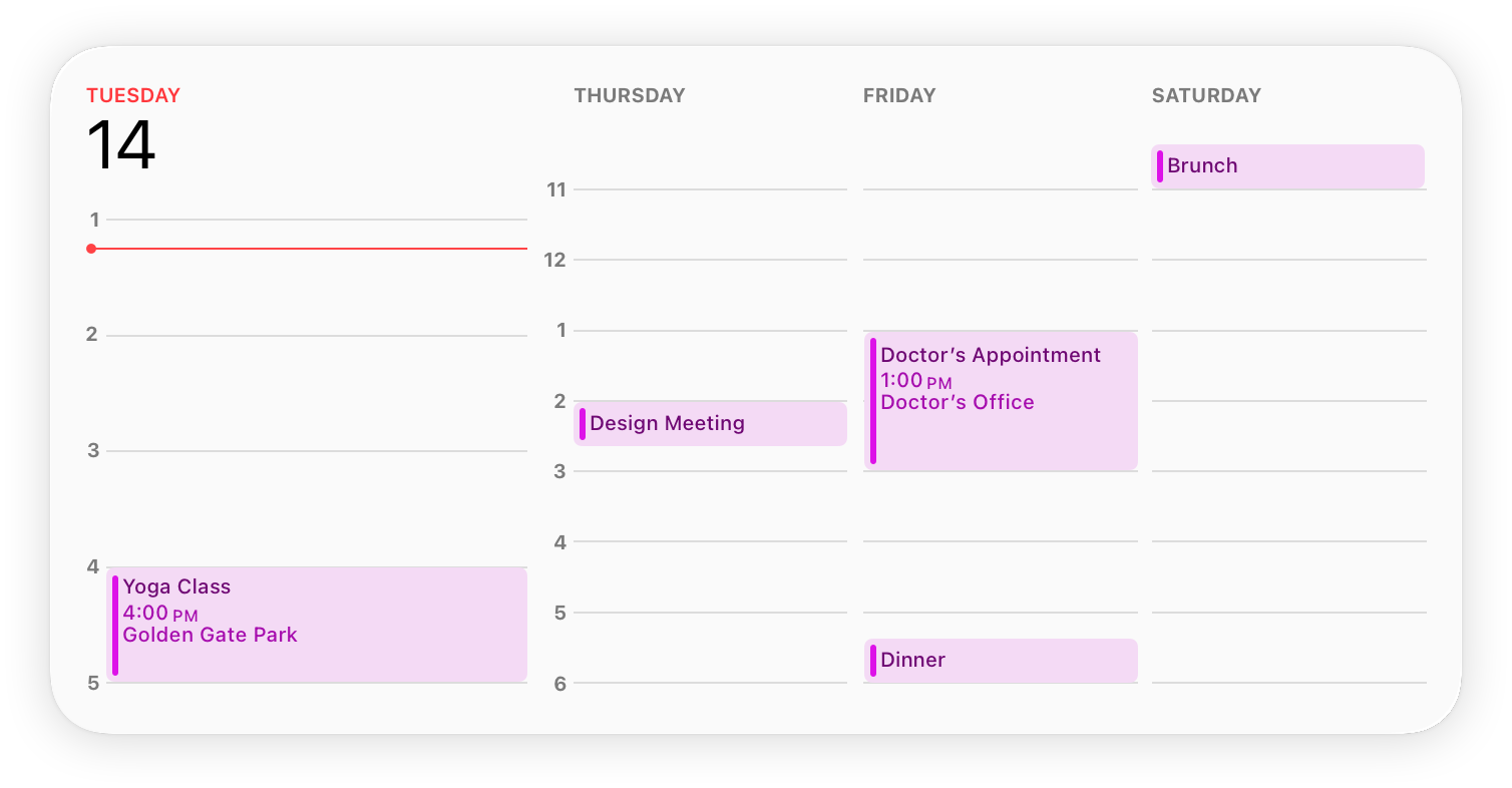 An image of the extra large Calendar widget, which is about twice the width of the large widget and a little shorter. The widget displays information about today and the following three days, including relevant time-of-day indicators in all four columns. The today column is a little wider than the columns for the other days.