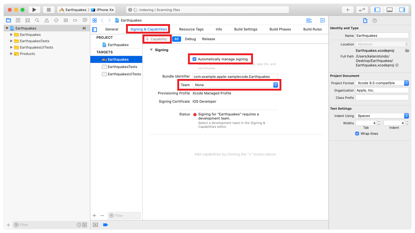 Screenshot showing the locations of the Add Capability button, Automatically manage signing checkbox, and Team dropdown in the Signing & Capabilities tab in Project Settings.