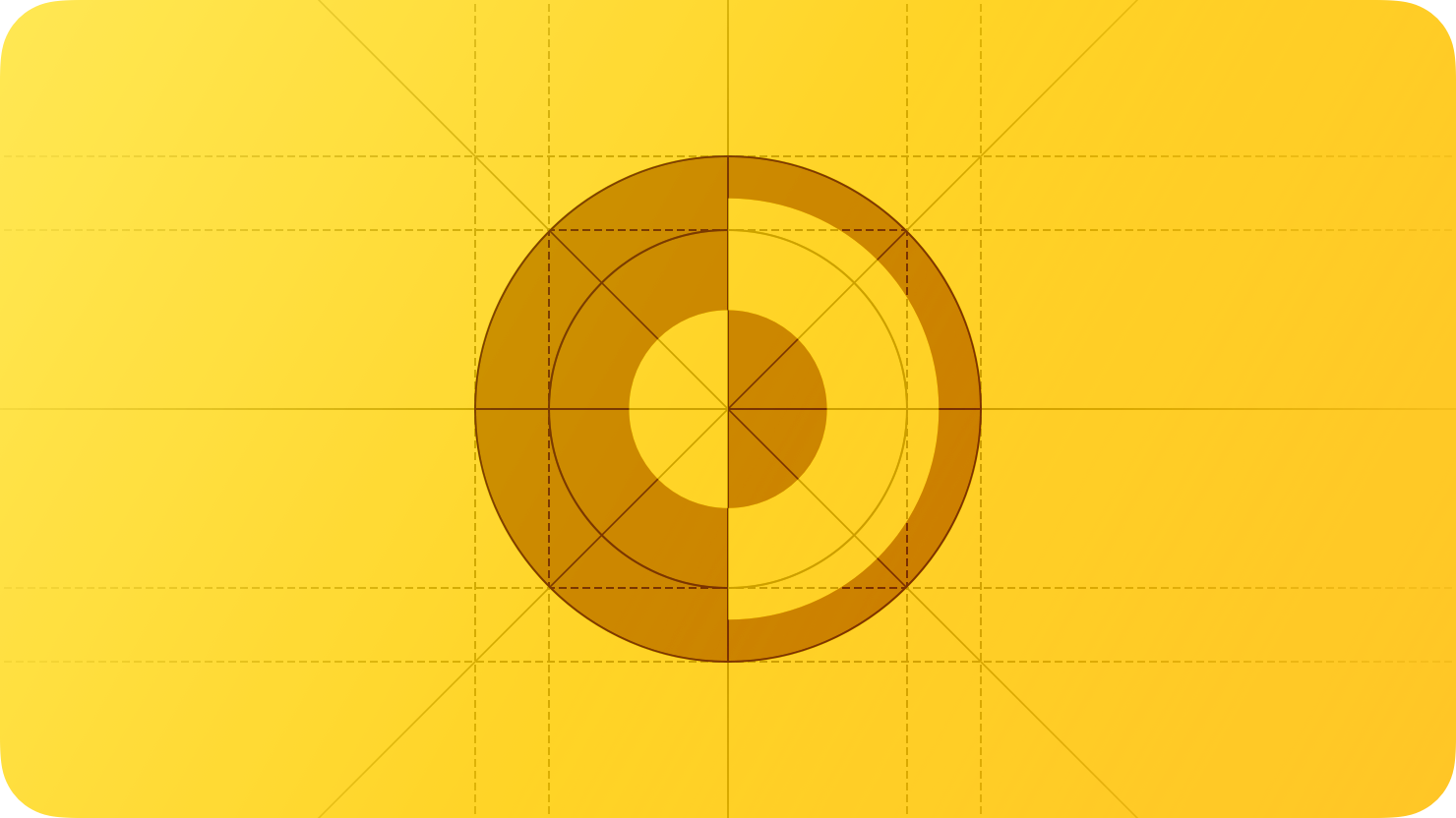 A sketch of concentric circles with half-filled areas, suggesting the presence of light and dark. The image is overlaid with rectangular and circular grid lines and is tinted yellow to subtly reflect the yellow in the original six-color Apple logo.