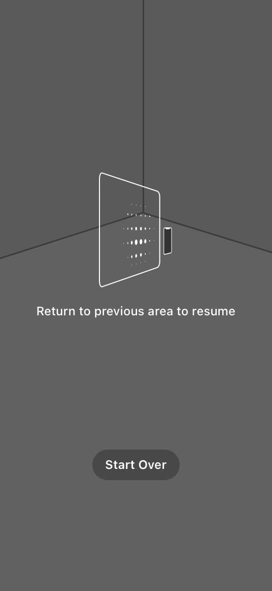 An illustration of an iPhone screen showing the corner of a room viewed through the camera. On the screen is a translucent overlay containing the surface-detection indicator. The indicator is a white square with rounded corners projected into the 3D space. A small iPhone is shown scanning back and forth along the base of the square. A circle of dots trailing the iPhone emphasizes the movement.