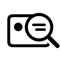 A rounded rectangle that contains a black dot in the top-left corner. The outline of a magnifying glass that contains a stack of two rightt-aligned lines is on top of the rectangle and to the right of the dot, slanted at about 135 degrees.