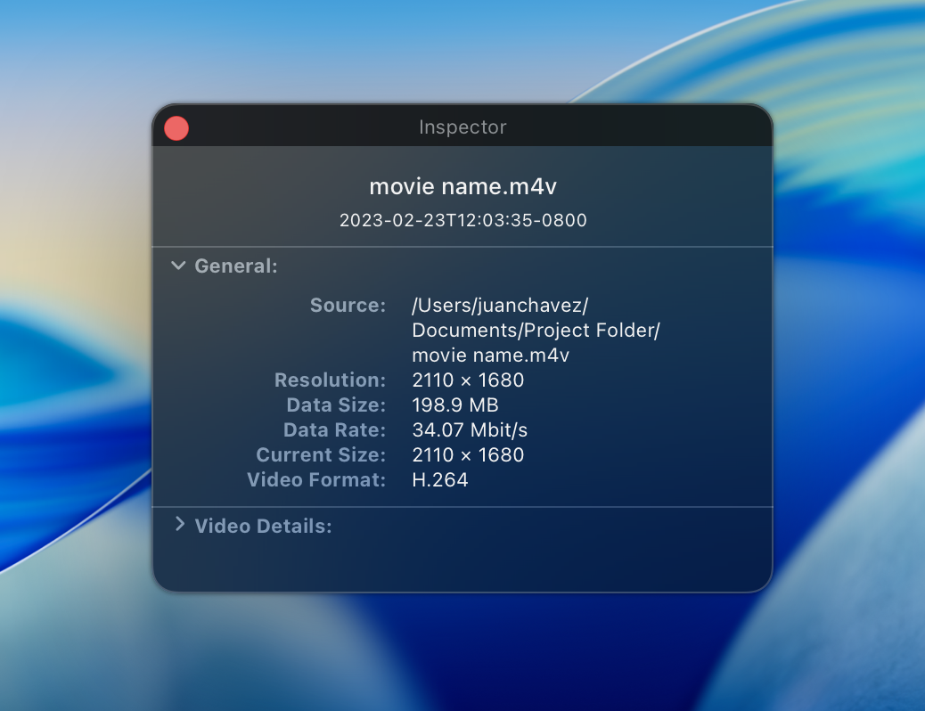 A screenshot of a translucent HUD panel, used to display inspector information for a movie file, including the filename, format, frames per second, data rate, and the frame size of the movie content.