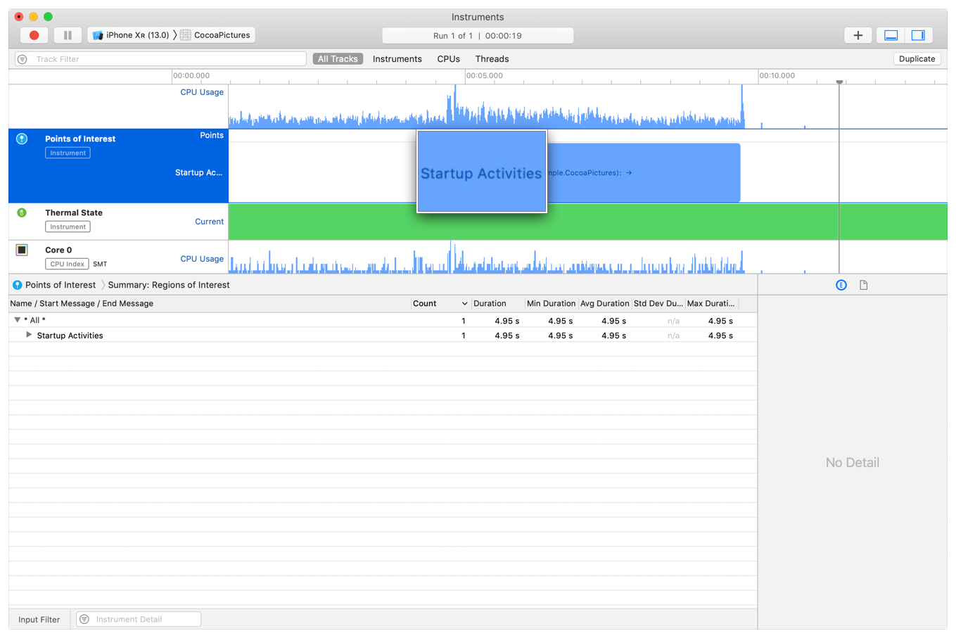 Screenshot showing the Points of Interest instrument, with a timeline of regions beginning and ending during an app's additional startup activities.
