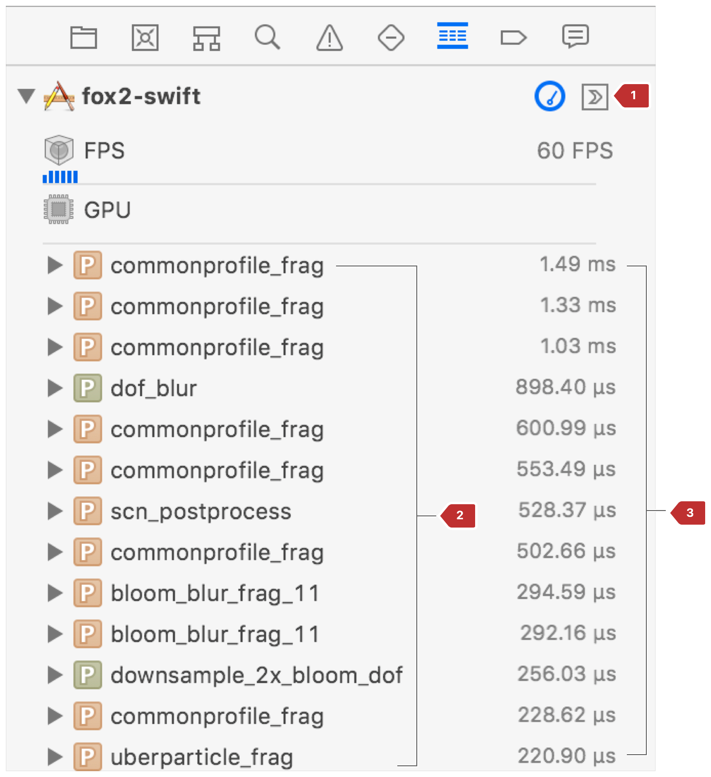 Screenshot showing Xcode's Debug navigator. On the top right, the "View frame in different ways" selection menu is annotated. On the left, the frame's render pipelines are listed, and on the right, their elapsed time in the frame.