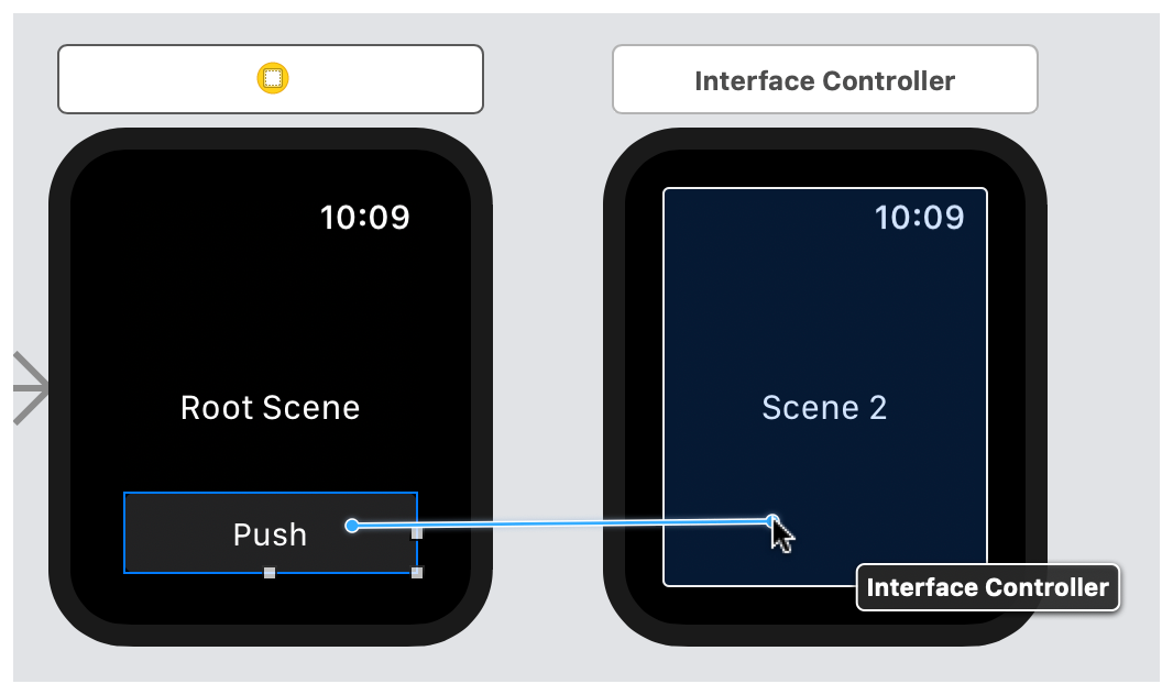 A screenshot showing the control-drag operation between a button and the next interface controller.