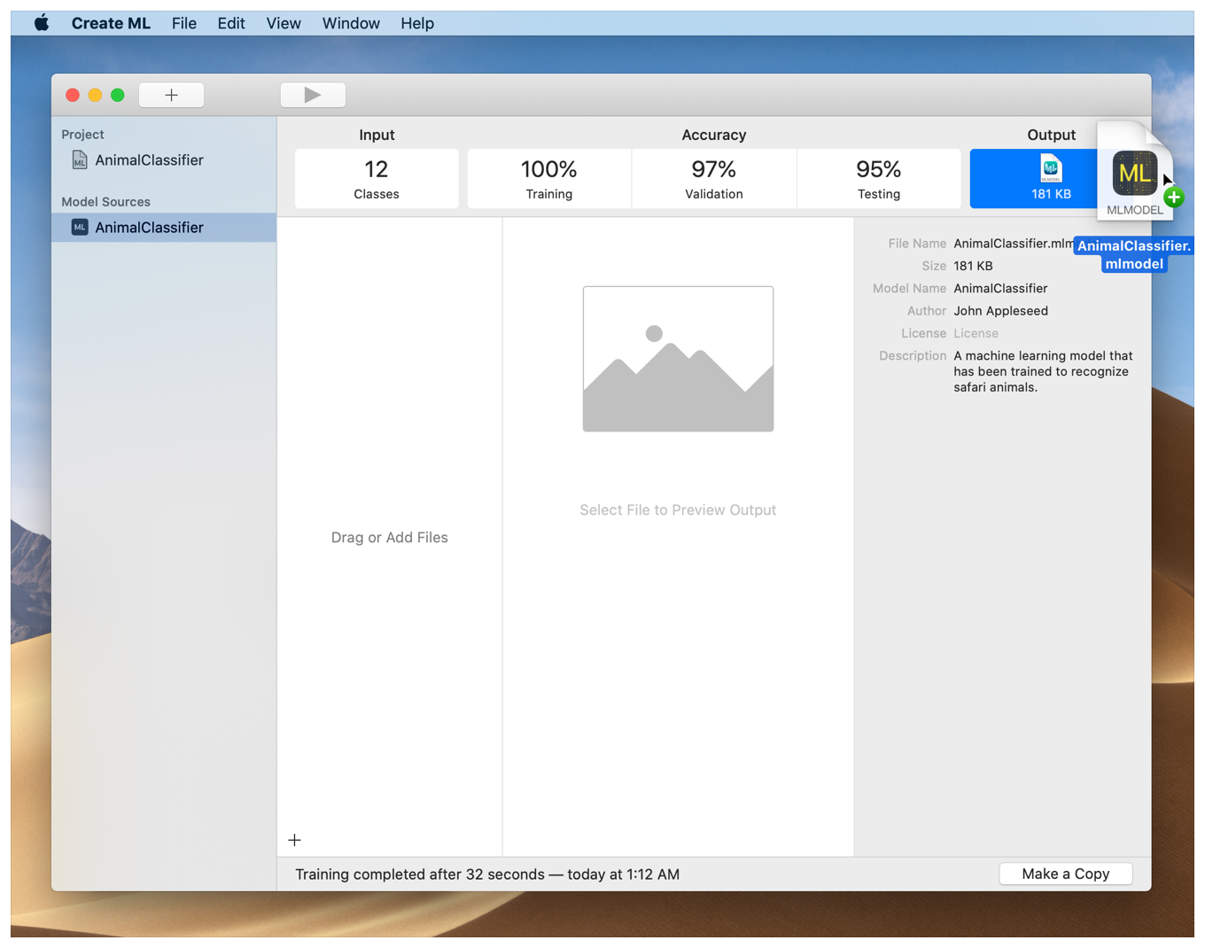 Screenshot of the project window with the highlighted segmented control cell, labeled "Output". The cursor is dragging an ML model file from the Output cell to the Desktop.