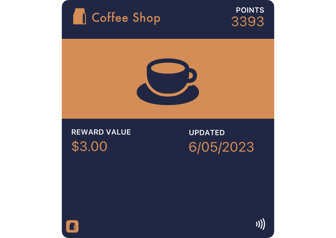 An illustration representing a store card pass. The pass includes a company name and icon, a reward point value, an illustration of a coffee cup, a reward value amount, and an updated date.