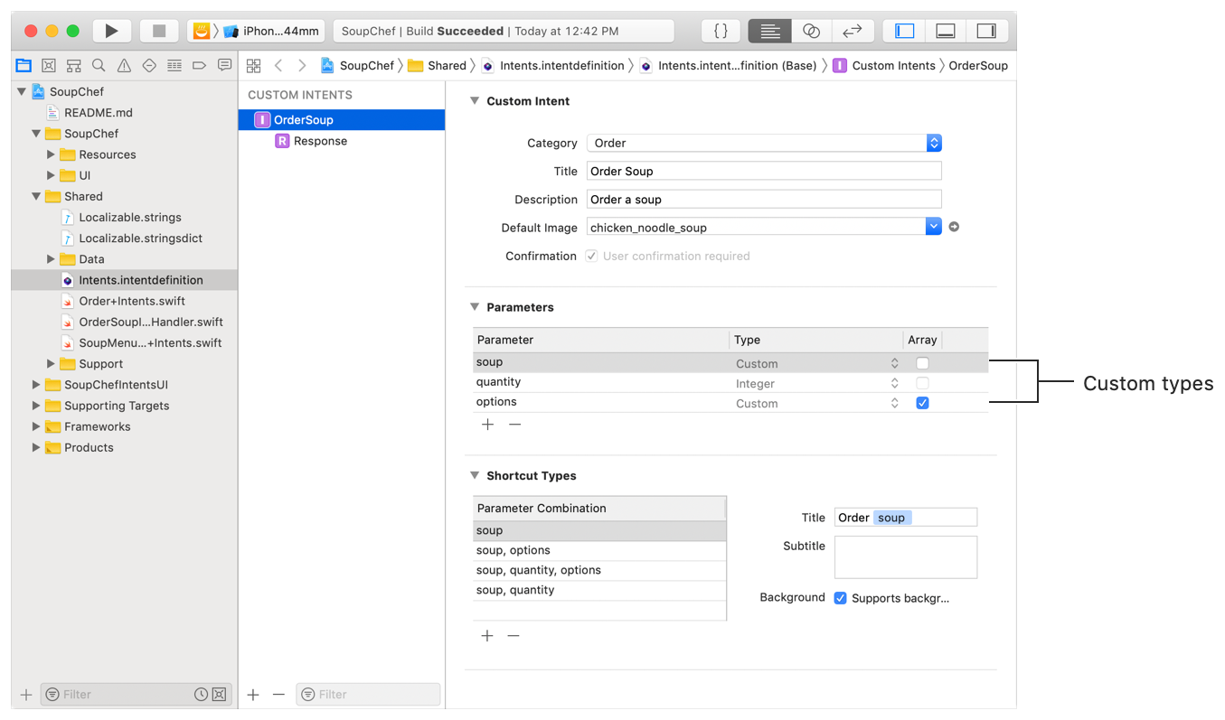 Screenshot showing soup and options defined in the Intent Definition file from the Soup Chef sample code project.