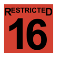 The word restricted, above the number sixteen, in black, inside a red-filled square.