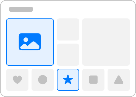 An illustration showing a layout of text and images within a rounded rectangle. A short bar representing text is left-aligned in the upper-left corner. Below the bar is an area that contains four squares, including a blue square with a placeholder image on the left side. From the left, a row of five square areas at the bottom of the rectangle contain the following shapes: heart, circle, star, square, and triangle.