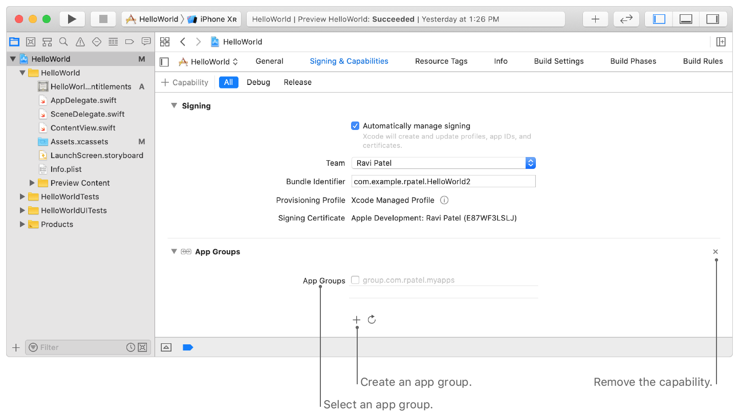 Screenshot showing the Signing & Capabilities pane with the App Groups capability added, controls to select and create an app group, and button to remove the capability.