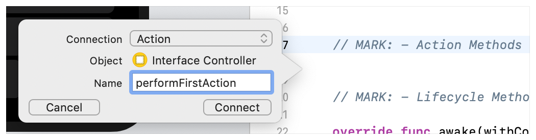 A screenshot showing the Xcode prompt when adding an action method.