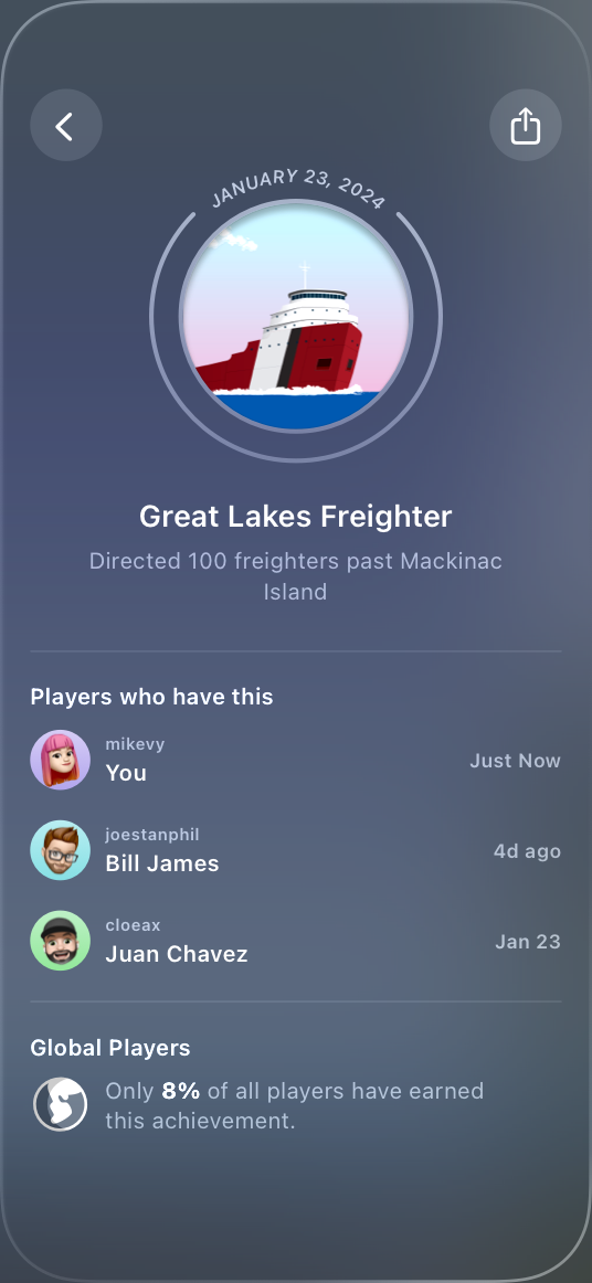 An iPhone screenshot of the game The Coast with the Game Overlay open, showing the detail view of a single achievement.