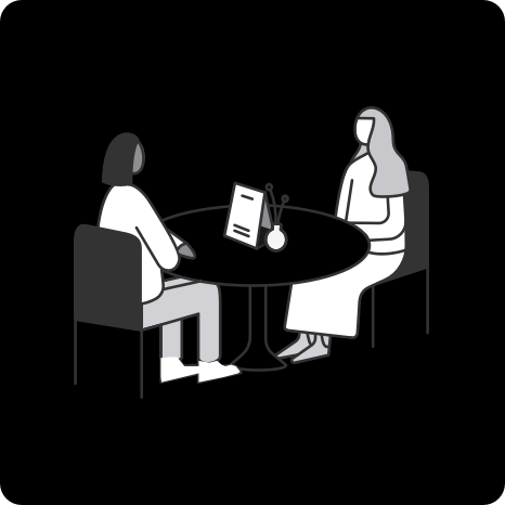 An illustration of two people sitting at a restaurant table done in a simple, abstract style. The illustration has a dark background, and its color values are adjusted to be clearly visible in contrast to the background.
