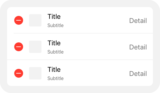 An illustration of a table view in edit mode. The rows of the table include delete buttons.