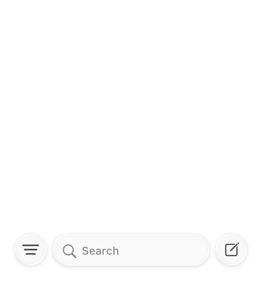 An illustration of an iPhone screen with search in a bottom toolbar. The search field is positioned in an isolated group between a Filter button on the leading edge and a Compose button on the trailing edge.